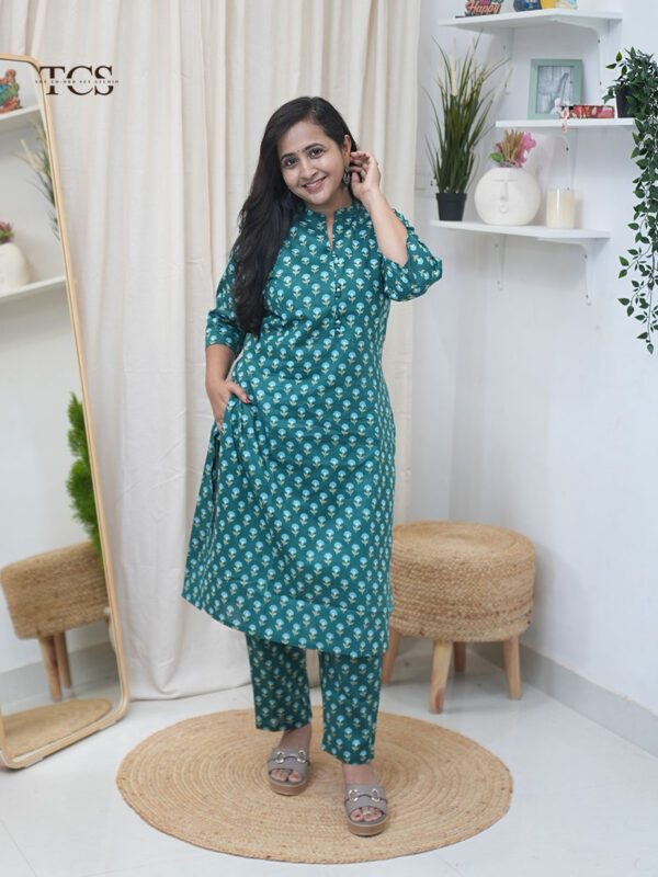 Teal Bloom Cotton Kurti Set