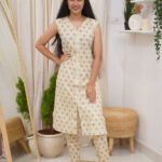 Beige Geometric Print Sleeveless Kurti Set
