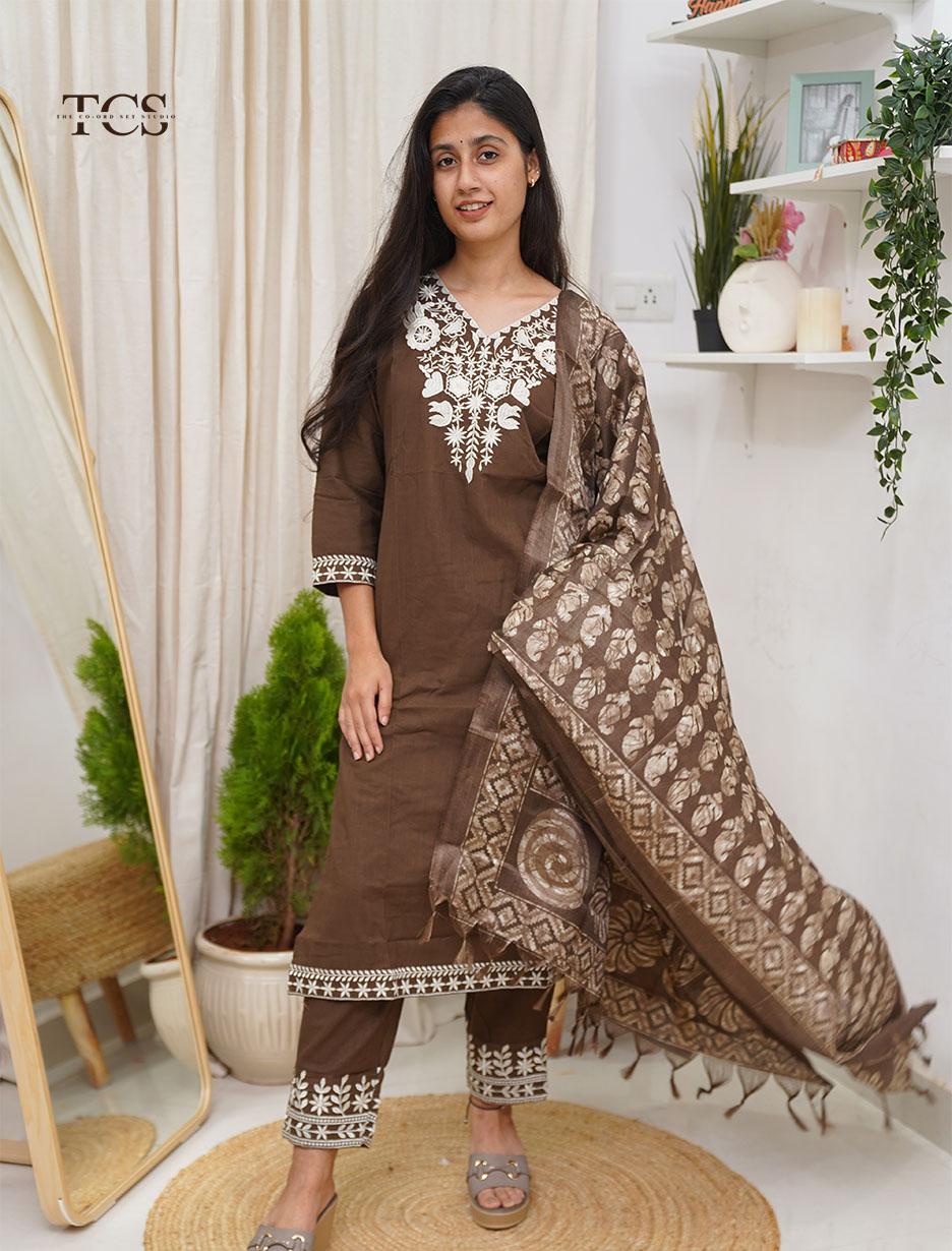 Chocolate Brown Embroidered Co-Ord Set with Dupatta (1)
