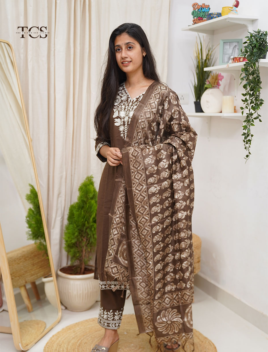 Chocolate Brown Embroidered Co-Ord Set with Dupatta (2)