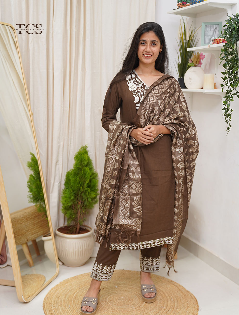 Chocolate Brown Embroidered Co-Ord Set with Dupatta (3)