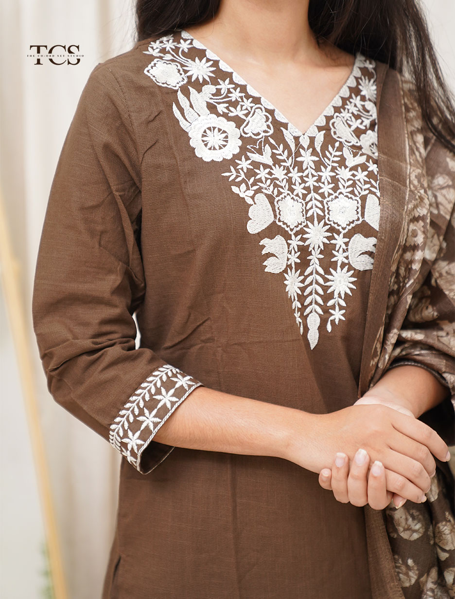 Chocolate Brown Embroidered Co-Ord Set with Dupatta (7)