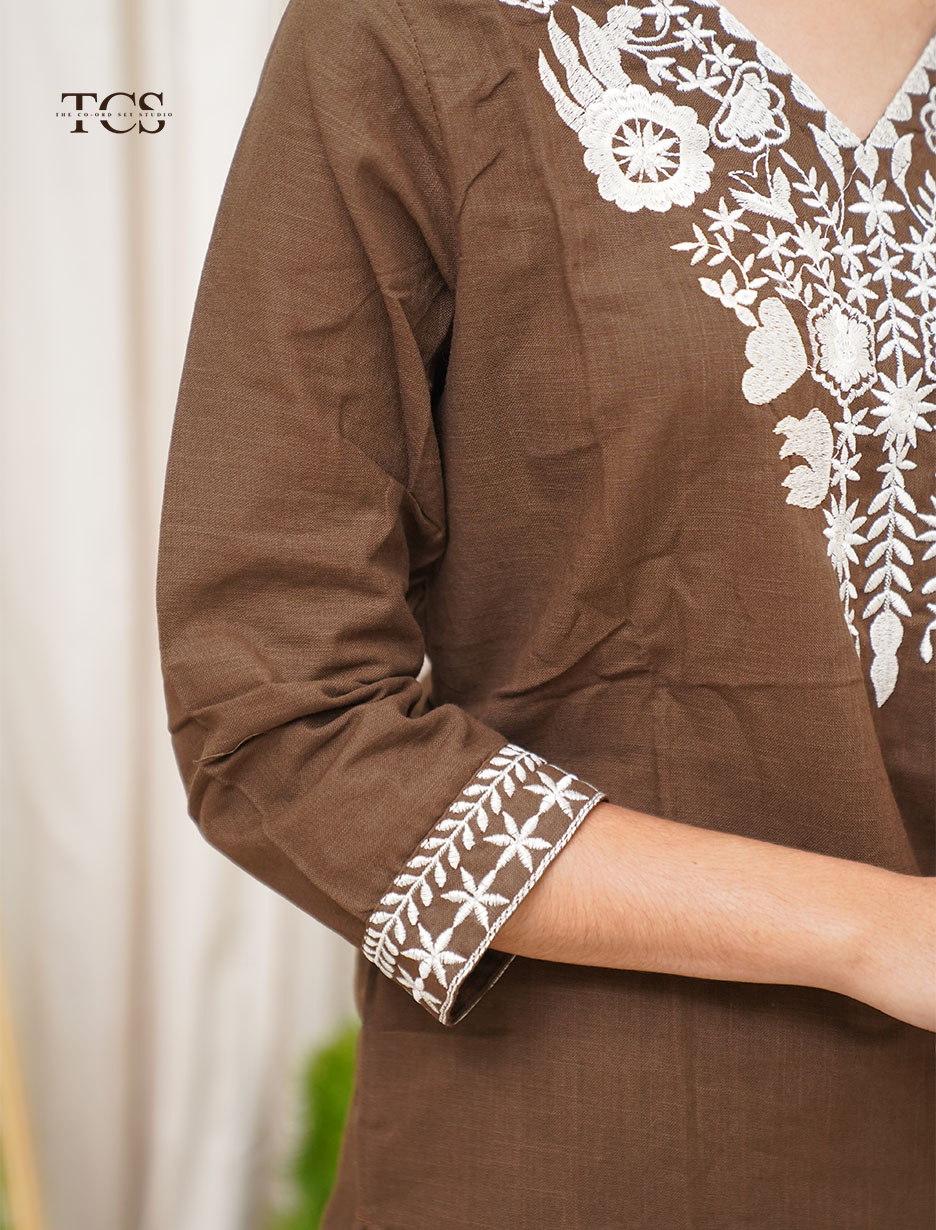 Chocolate Brown Embroidered Co-Ord Set with Dupatta (8)