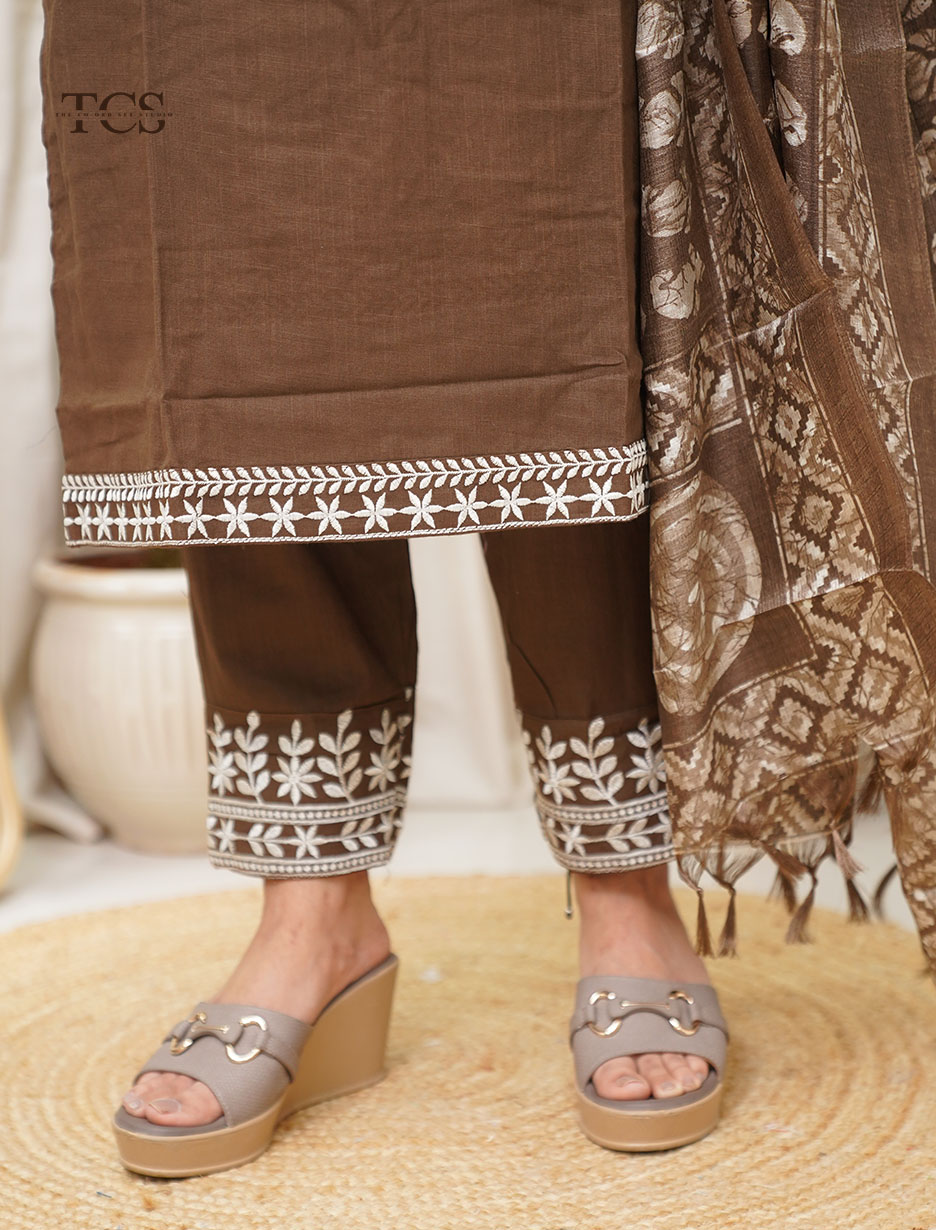 Chocolate Brown Embroidered Co-Ord Set with Dupatta (9)