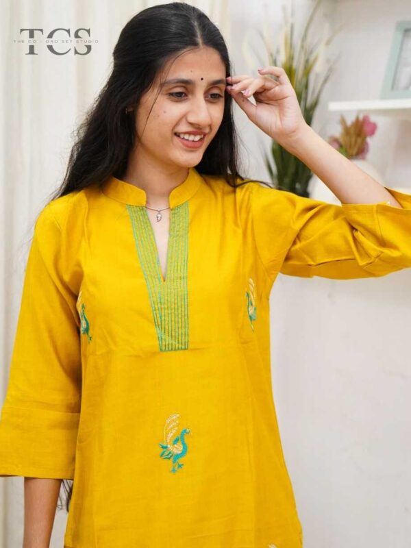 Mustard Peacock Charm Cotton Kurta Set