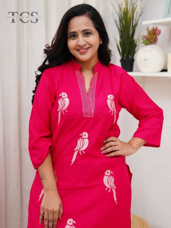 Pink Parrot Cotton Embroidered Set