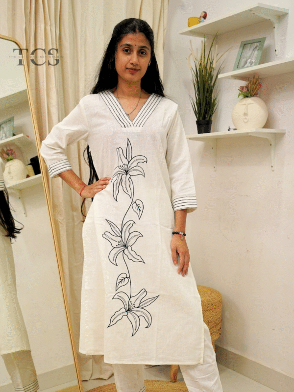 Ivory Bloom Embroidered Cotton kurti Flex Co-Ord Set