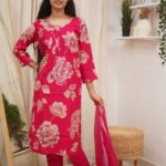 Rosy Charm Floral Cotton Kurti Set With Shibori Dupatta