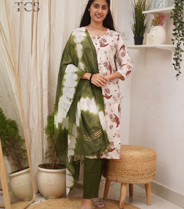 Olive Aura Floral Cotton Kurti Set with Shibori Dupatta