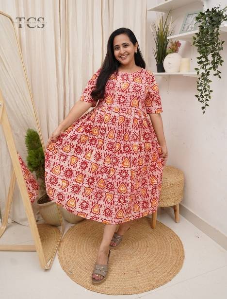 Peach Printed Flared Frock