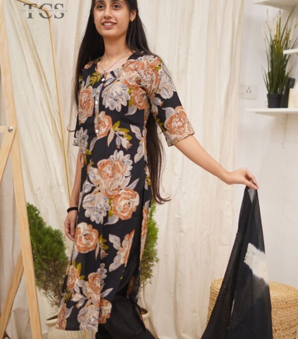 Midnight Bloom Floral Cotton Kurti Set With Shibori Dupatta