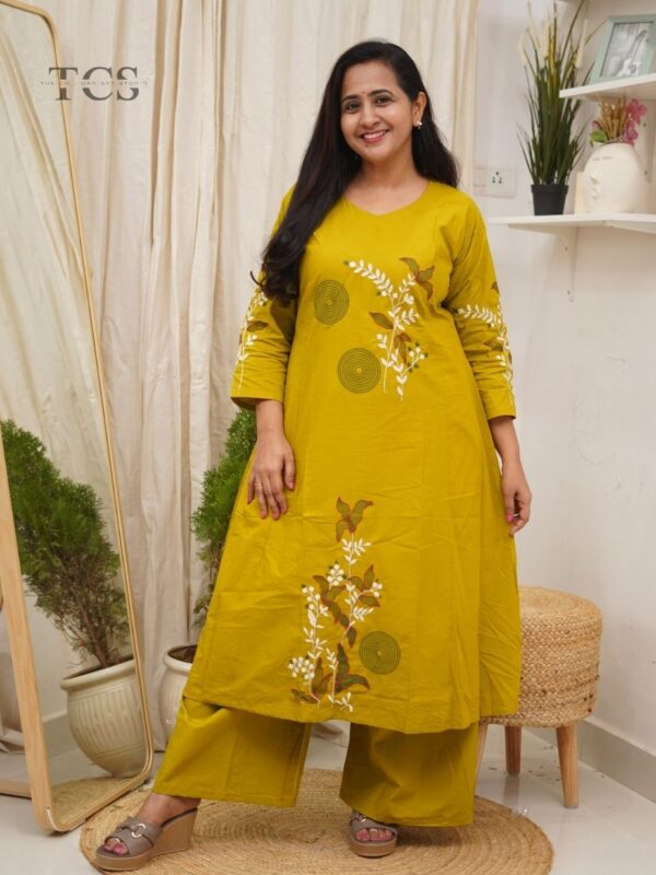 Mustard Meadow Bloom Embroidered Cotton Kurti Set