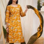 Mustard Bloom Cotton Kurti Set with shibori duppata