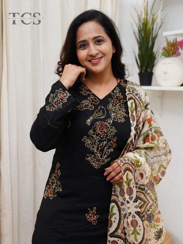 Midnight Black Garden Rayon Embroidered 3-Piece Set