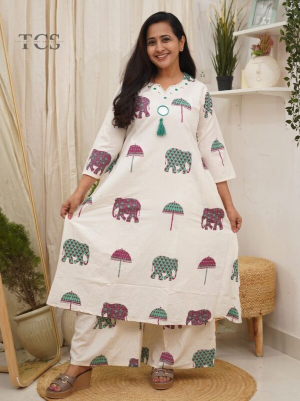 Blush Meadows Pastel Pink Elephant Cotton Kurti Set