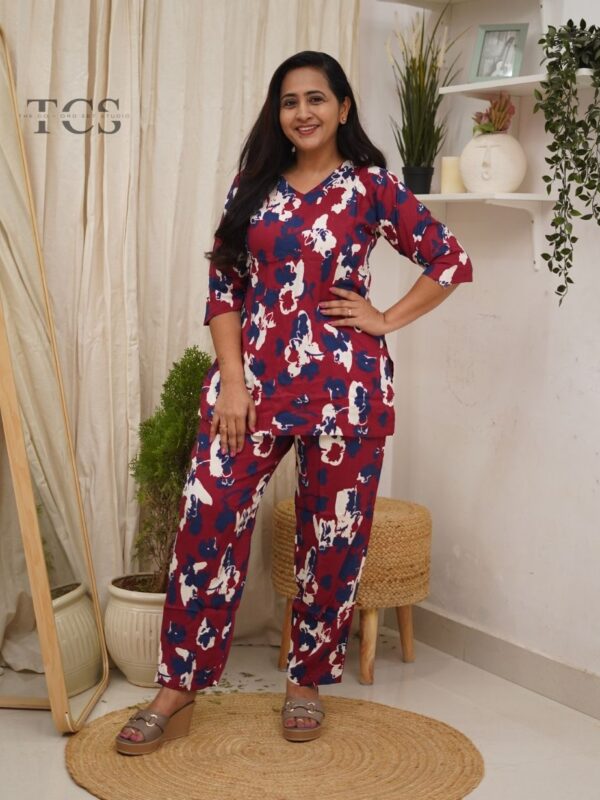 Maroon Mist Abstract Cotton Slim Fit Co-Ord Set