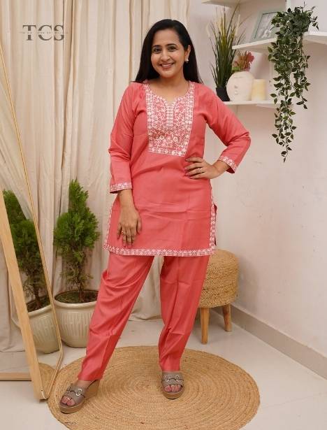 Coral Charm Embroidered Co-ord Set