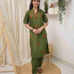 Olive Green Parrot Embroidered Cotton kurti Set