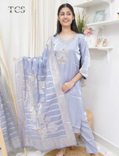 Serene Gleam Satin Kurti Pant Set with Dupatta