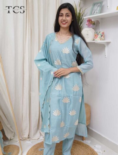 Azure Lotus Mul Chanderi Kurti Pant Set with Dupatta
