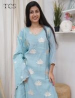 Azure Lotus Mul Chanderi Kurti Pant Set with Dupatta - Image 3