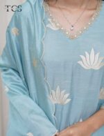 Azure Lotus Mul Chanderi Kurti Pant Set with Dupatta - Image 4