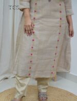 ⁠  ⁠Beige Multicolor Embroidered Kota Kurta Set with Dupatta - Image 5
