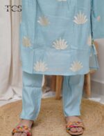 Azure Lotus Mul Chanderi Kurti Pant Set with Dupatta - Image 6