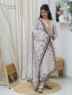Ivory Printed Linen Kurti Set with Dupatta - Image 2