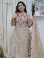 ⁠  ⁠Beige Multicolor Embroidered Kota Kurta Set with Dupatta - Image 3