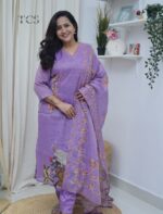 Lavender Linen Embroidered Kurti Set with Dupatta