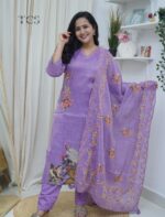 Lavender Linen Embroidered Kurti Set with Dupatta - Image 2