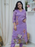 Lavender Linen Embroidered Kurti Set with Dupatta - Image 5