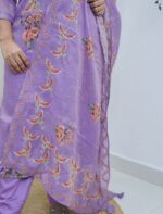 Lavender Linen Embroidered Kurti Set with Dupatta - Image 10