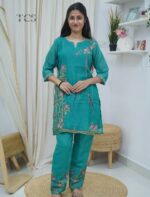 Teal Linen Painted & Thread Embroidered Kurta Set