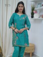 Teal Linen Painted & Thread Embroidered Kurta Set - Image 4