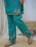 Teal Linen Painted & Thread Embroidered Kurta Set - Image 5