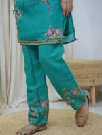 Teal Linen Painted & Thread Embroidered Kurta Set - Image 8