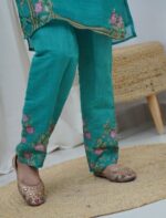 Teal Linen Painted & Thread Embroidered Kurta Set - Image 7