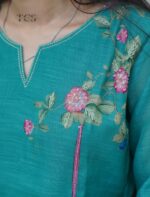 Teal Linen Painted & Thread Embroidered Kurta Set - Image 6