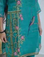 Teal Linen Painted & Thread Embroidered Kurta Set - Image 11