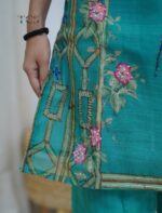 Teal Linen Painted & Thread Embroidered Kurta Set - Image 9