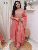 Peach Zariya Mul Chanderi Kurti Pant Set with Dupatta - Image 2