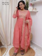 Peach Zariya Mul Chanderi Kurti Pant Set with Dupatta - Image 4