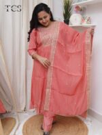 Peach Zariya Mul Chanderi Kurti Pant Set with Dupatta - Image 3