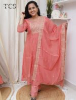 Peach Zariya Mul Chanderi Kurti Pant Set with Dupatta
