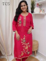 Crimson Bloom Embroidered Satin Kurta Set - Image 5