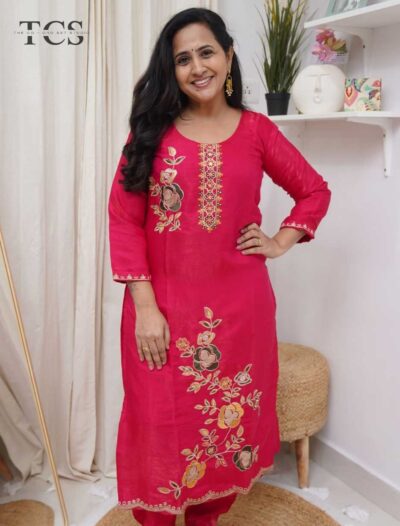 Crimson Bloom Embroidered Satin Kurta Set