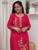 Crimson Bloom Embroidered Satin Kurta Set - Image 6
