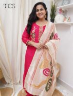 Crimson Bloom Embroidered Satin Kurta Set - Image 2